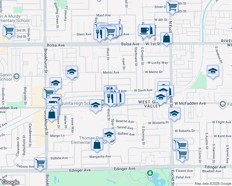 map of restaurants, bars, coffee shops, grocery stores, and more near 10562 Davit Avenue in Garden Grove