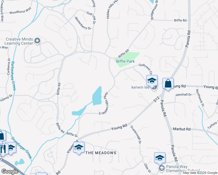 map of restaurants, bars, coffee shops, grocery stores, and more near 1749 South Hidden Hills Parkway in Stone Mountain