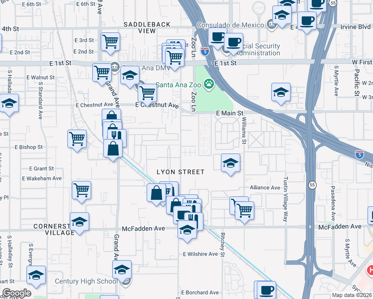 map of restaurants, bars, coffee shops, grocery stores, and more near 595 South Lyon Street in Santa Ana