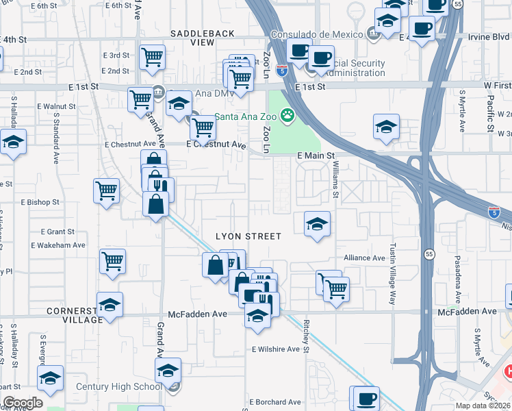 map of restaurants, bars, coffee shops, grocery stores, and more near 595 South Lyon Street in Santa Ana