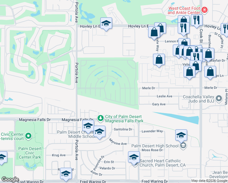 map of restaurants, bars, coffee shops, grocery stores, and more near 42543 Granite Place in Palm Desert