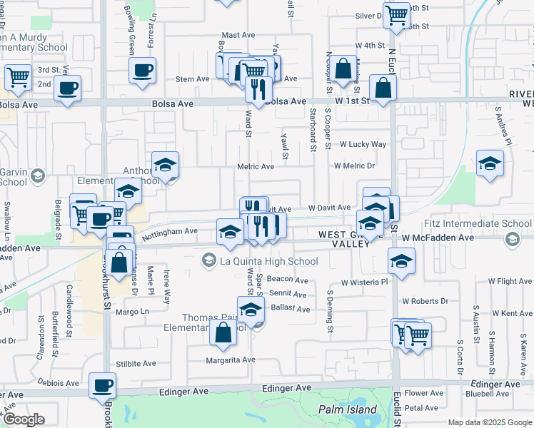 map of restaurants, bars, coffee shops, grocery stores, and more near 10562 Davit Avenue in Garden Grove