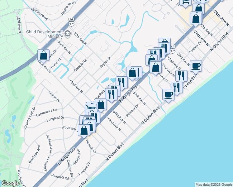 map of restaurants, bars, coffee shops, grocery stores, and more near 6504 Wildwood Trail in Myrtle Beach