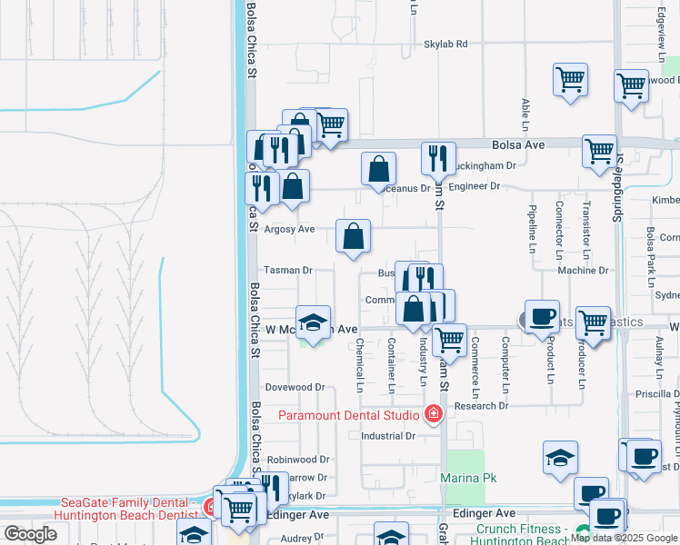 map of restaurants, bars, coffee shops, grocery stores, and more near 5201 Tasman Drive in Huntington Beach