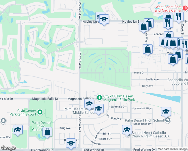 map of restaurants, bars, coffee shops, grocery stores, and more near 74072 Mercury Circle West in Palm Desert