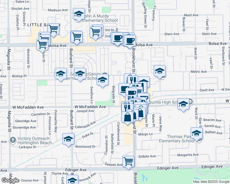 map of restaurants, bars, coffee shops, grocery stores, and more near 15400 Belgrade Street in Westminster