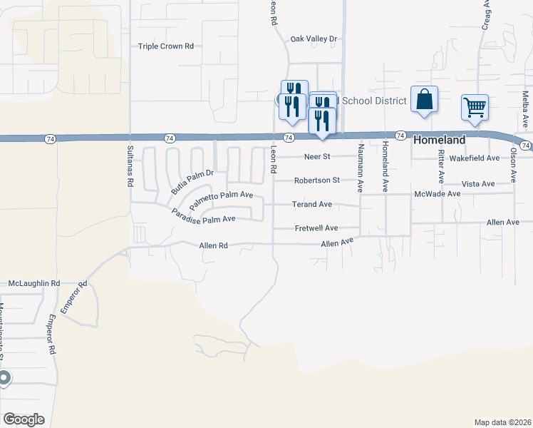 map of restaurants, bars, coffee shops, grocery stores, and more near 30963 Paradise Palm Avenue in Homeland