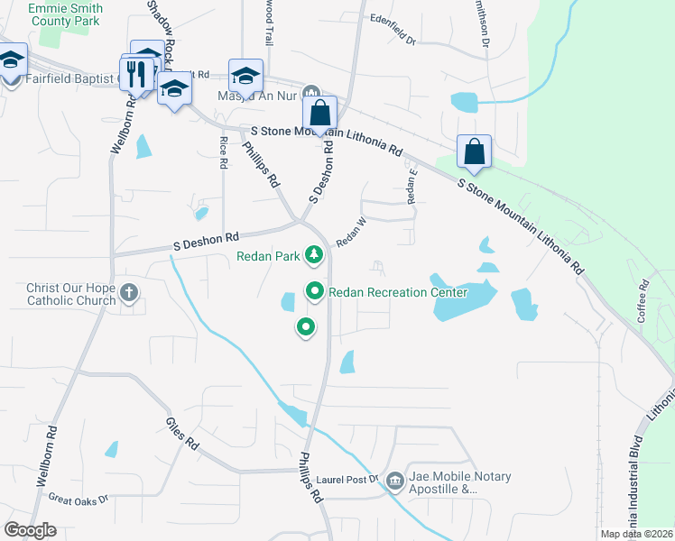 map of restaurants, bars, coffee shops, grocery stores, and more near 1770 Phillips Road in Lithonia