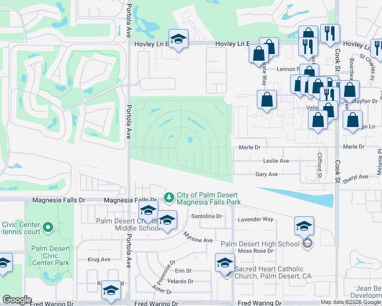 map of restaurants, bars, coffee shops, grocery stores, and more near 42543 Granite Place in Palm Desert