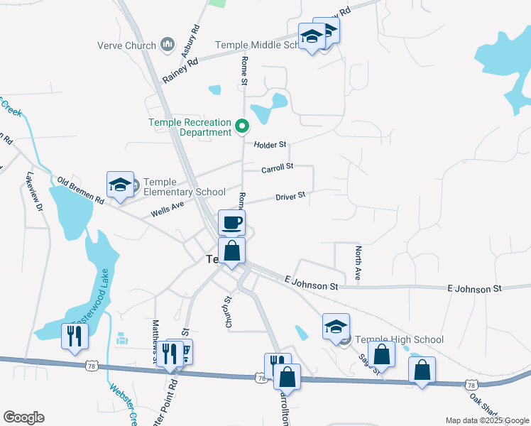 map of restaurants, bars, coffee shops, grocery stores, and more near 95 Rome Street in Temple