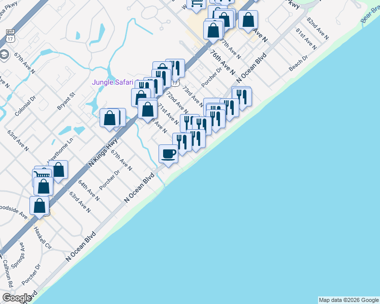 map of restaurants, bars, coffee shops, grocery stores, and more near 7000 North Ocean Boulevard in Myrtle Beach