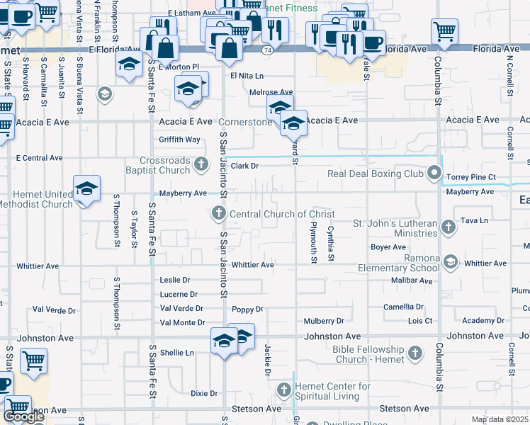 map of restaurants, bars, coffee shops, grocery stores, and more near 40389 Mayberry Avenue in Hemet
