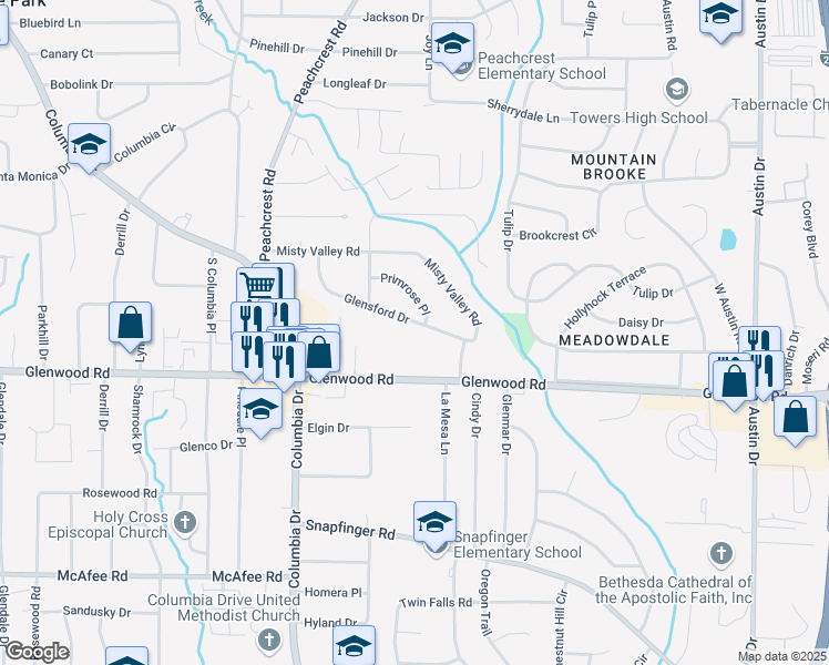 map of restaurants, bars, coffee shops, grocery stores, and more near 3491 Glensford Drive in Decatur