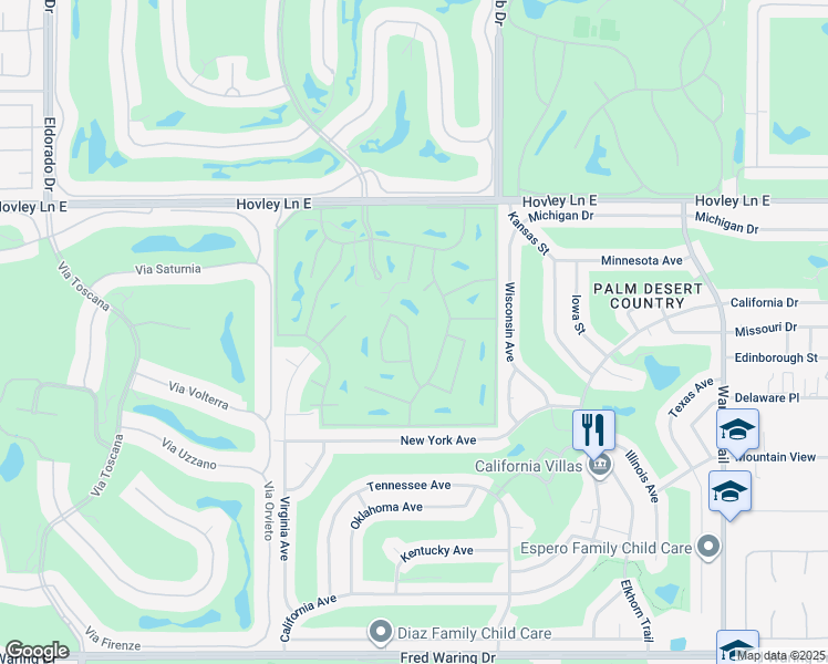 map of restaurants, bars, coffee shops, grocery stores, and more near 42588 Edessa Street in Palm Desert