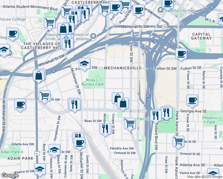 map of restaurants, bars, coffee shops, grocery stores, and more near 563 Cooper Street Southwest in Atlanta