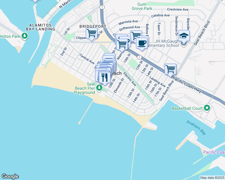 map of restaurants, bars, coffee shops, grocery stores, and more near 111 11th Street in Seal Beach
