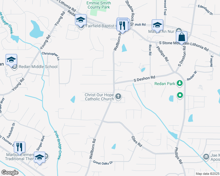 map of restaurants, bars, coffee shops, grocery stores, and more near 1733 Wellborn Road in Lithonia