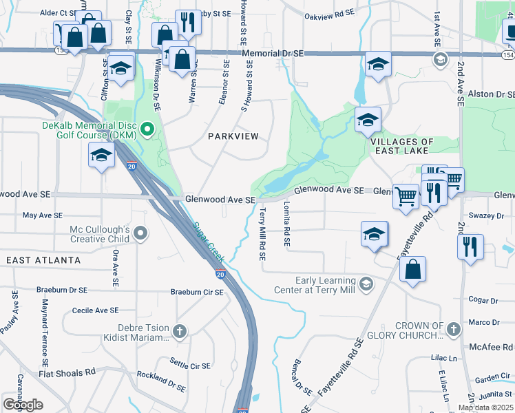 map of restaurants, bars, coffee shops, grocery stores, and more near 1957 Glenwood Avenue Southeast in Atlanta