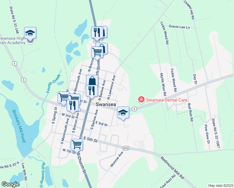 map of restaurants, bars, coffee shops, grocery stores, and more near 201 Elm Creek Lane in Swansea