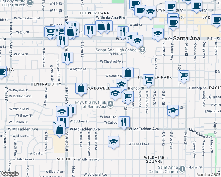 map of restaurants, bars, coffee shops, grocery stores, and more near 1007 West Bishop Street in Santa Ana