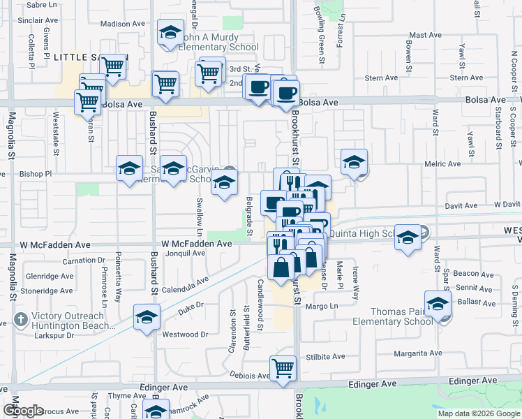 map of restaurants, bars, coffee shops, grocery stores, and more near 15400 Belgrade Street in Westminster