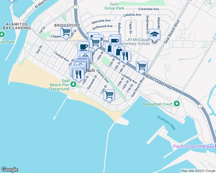 map of restaurants, bars, coffee shops, grocery stores, and more near 150 13th Street in Seal Beach