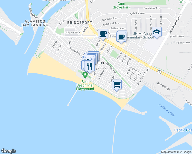 map of restaurants, bars, coffee shops, grocery stores, and more near 111 11th Street in Seal Beach