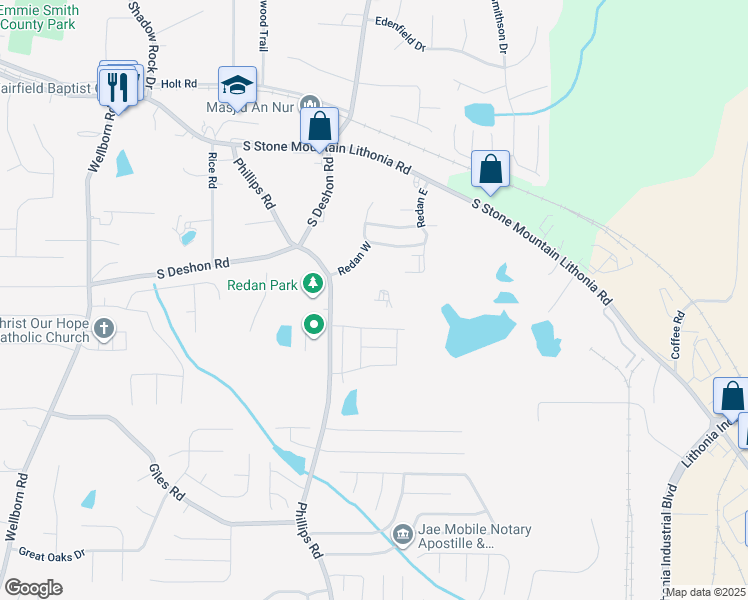 map of restaurants, bars, coffee shops, grocery stores, and more near 1790 Phillips Road in Lithonia