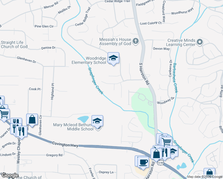 map of restaurants, bars, coffee shops, grocery stores, and more near 1757 Big Valley Way in Stone Mountain