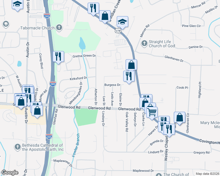 map of restaurants, bars, coffee shops, grocery stores, and more near 1765 Ledo Avenue in Decatur