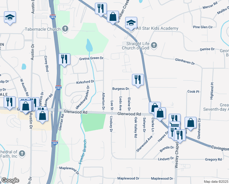 map of restaurants, bars, coffee shops, grocery stores, and more near 1770 Lee Street in Decatur