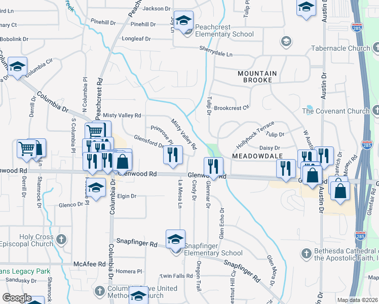 map of restaurants, bars, coffee shops, grocery stores, and more near 3526 Glensford Drive in Decatur