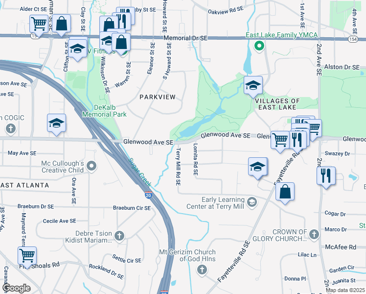 map of restaurants, bars, coffee shops, grocery stores, and more near 2007 Glenwood Avenue Southeast in Atlanta