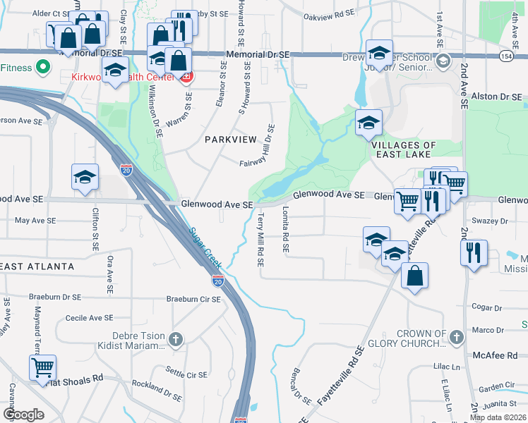 map of restaurants, bars, coffee shops, grocery stores, and more near 1957 Glenwood Avenue Southeast in Atlanta