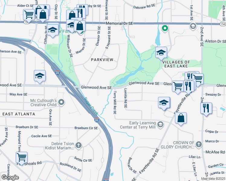 map of restaurants, bars, coffee shops, grocery stores, and more near 1957 Glenwood Avenue Southeast in Atlanta