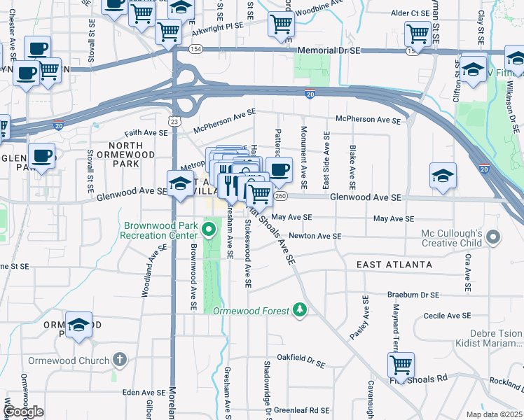 map of restaurants, bars, coffee shops, grocery stores, and more near 539 Patterson Avenue Southeast in Atlanta