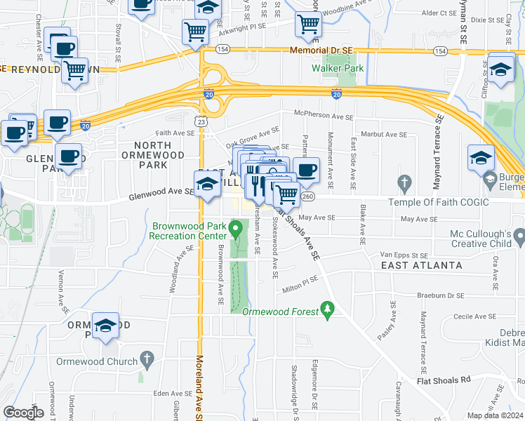 map of restaurants, bars, coffee shops, grocery stores, and more near 533 Flat Shoals Avenue Southeast in Atlanta