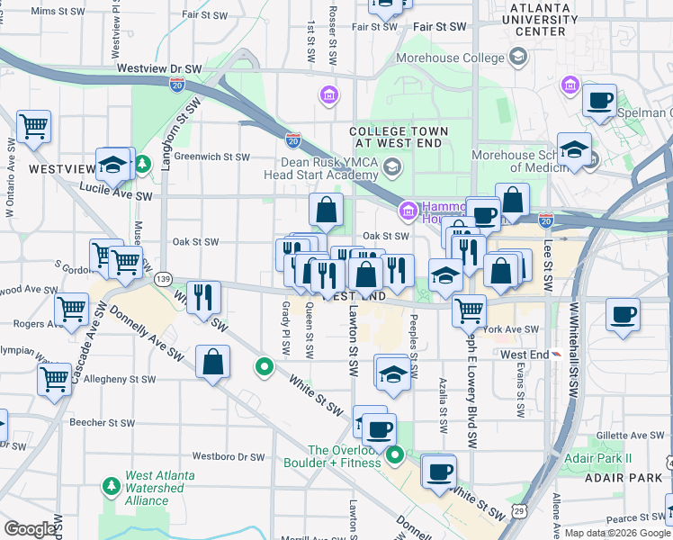 map of restaurants, bars, coffee shops, grocery stores, and more near 576 West End Place Southwest in Atlanta