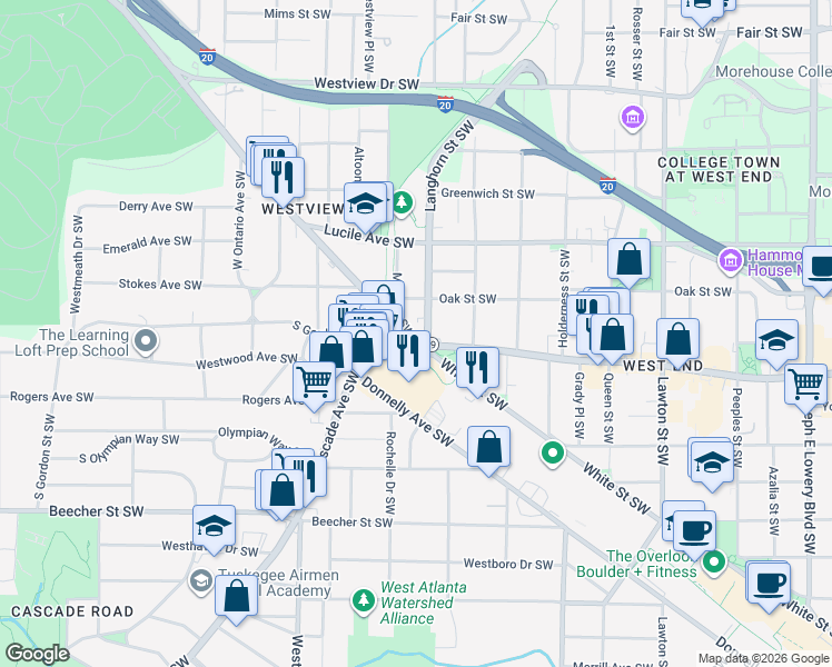 map of restaurants, bars, coffee shops, grocery stores, and more near 1375 Ralph David Abernathy Boulevard in Atlanta