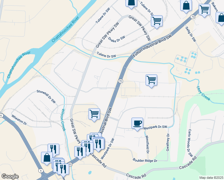 map of restaurants, bars, coffee shops, grocery stores, and more near 255 Bucknell Drive Southwest in Atlanta