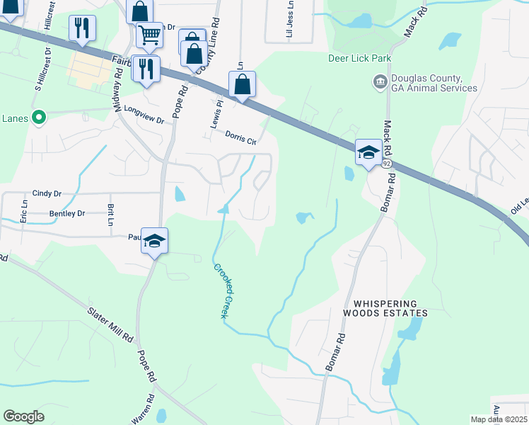 map of restaurants, bars, coffee shops, grocery stores, and more near 2430 Redbud Meadow Lane in Douglasville