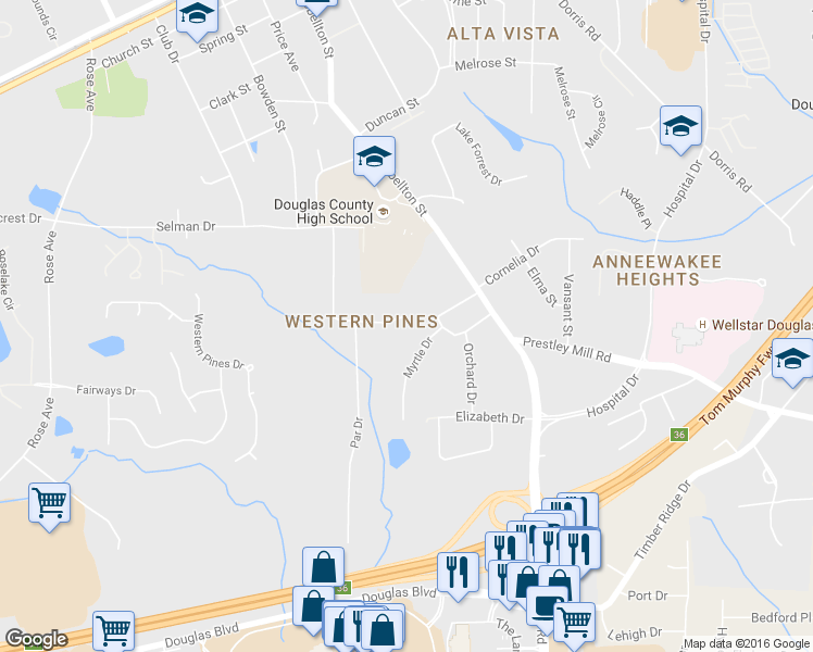 map of restaurants, bars, coffee shops, grocery stores, and more near 8980 Country Club Drive in Douglasville