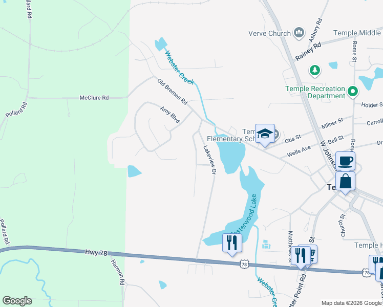 map of restaurants, bars, coffee shops, grocery stores, and more near 79 Enterprise Lane in Temple