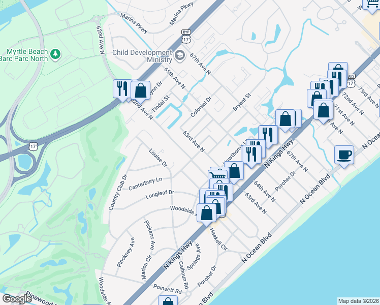 map of restaurants, bars, coffee shops, grocery stores, and more near 706 62nd Avenue North in Myrtle Beach
