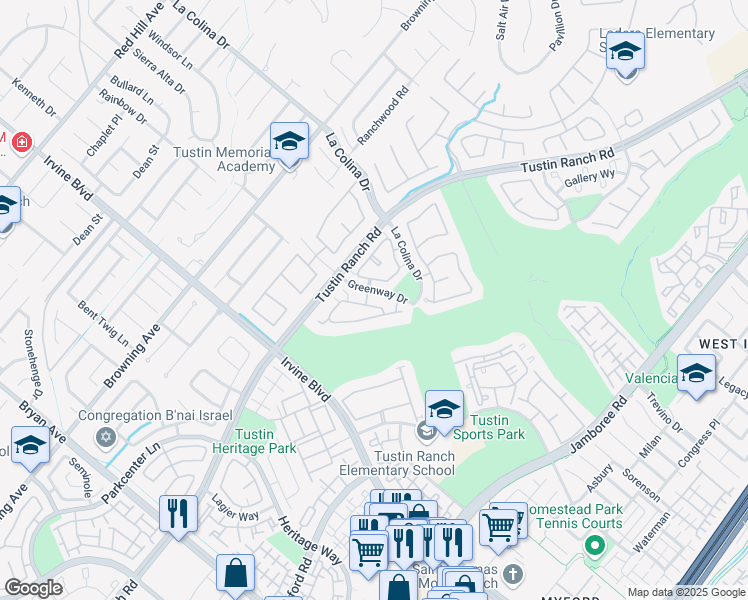 map of restaurants, bars, coffee shops, grocery stores, and more near 2385 Ternberry Court in Tustin