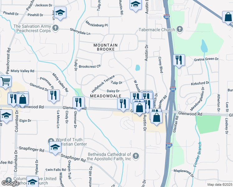 map of restaurants, bars, coffee shops, grocery stores, and more near 3701 Daisy Drive in Decatur