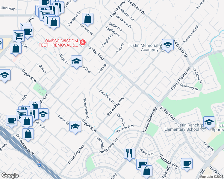 map of restaurants, bars, coffee shops, grocery stores, and more near 13141 Chirping Sparrow Way in Tustin