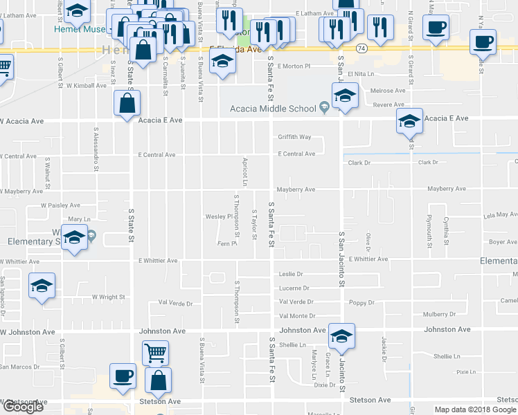 map of restaurants, bars, coffee shops, grocery stores, and more near 542 South Taylor Street in Hemet