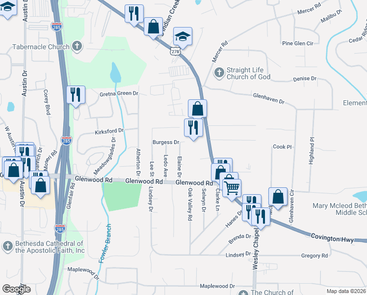map of restaurants, bars, coffee shops, grocery stores, and more near 1770 Elaine Drive in Decatur