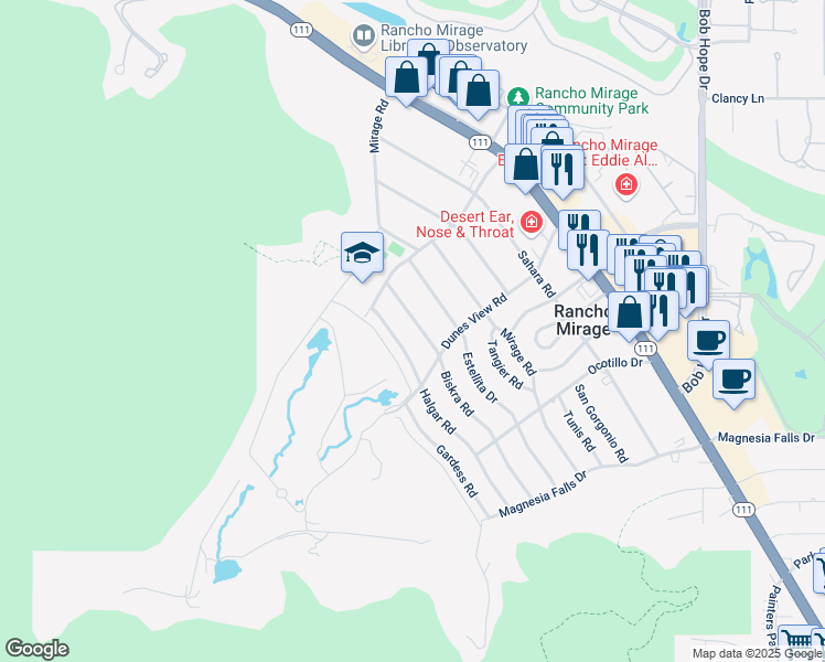 map of restaurants, bars, coffee shops, grocery stores, and more near 71355 Biskra Road in Rancho Mirage
